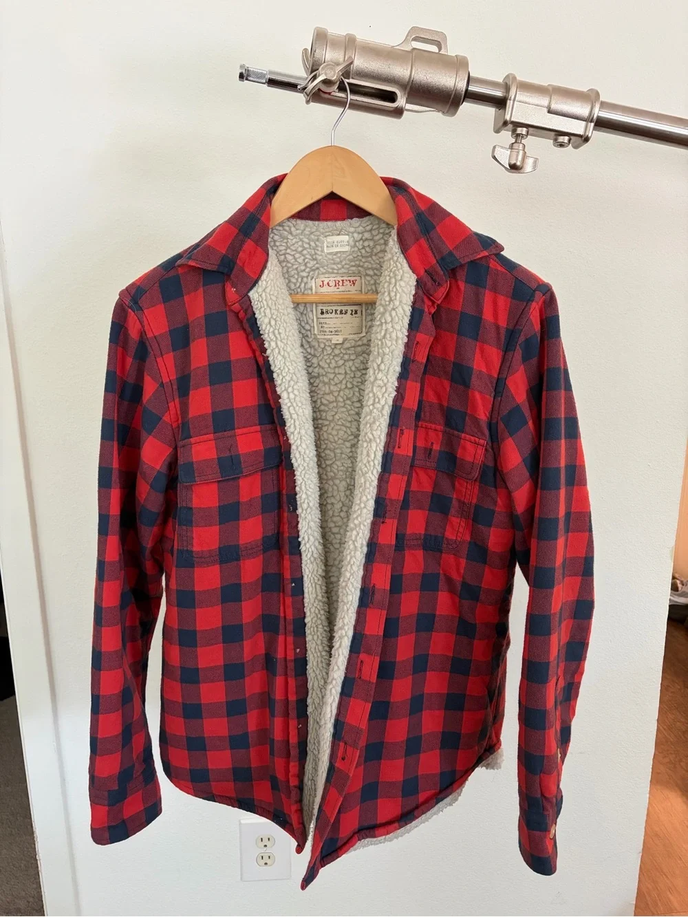 J. Crew Red & Navy Plaid Sherpa-Lined Shirt Jacket
